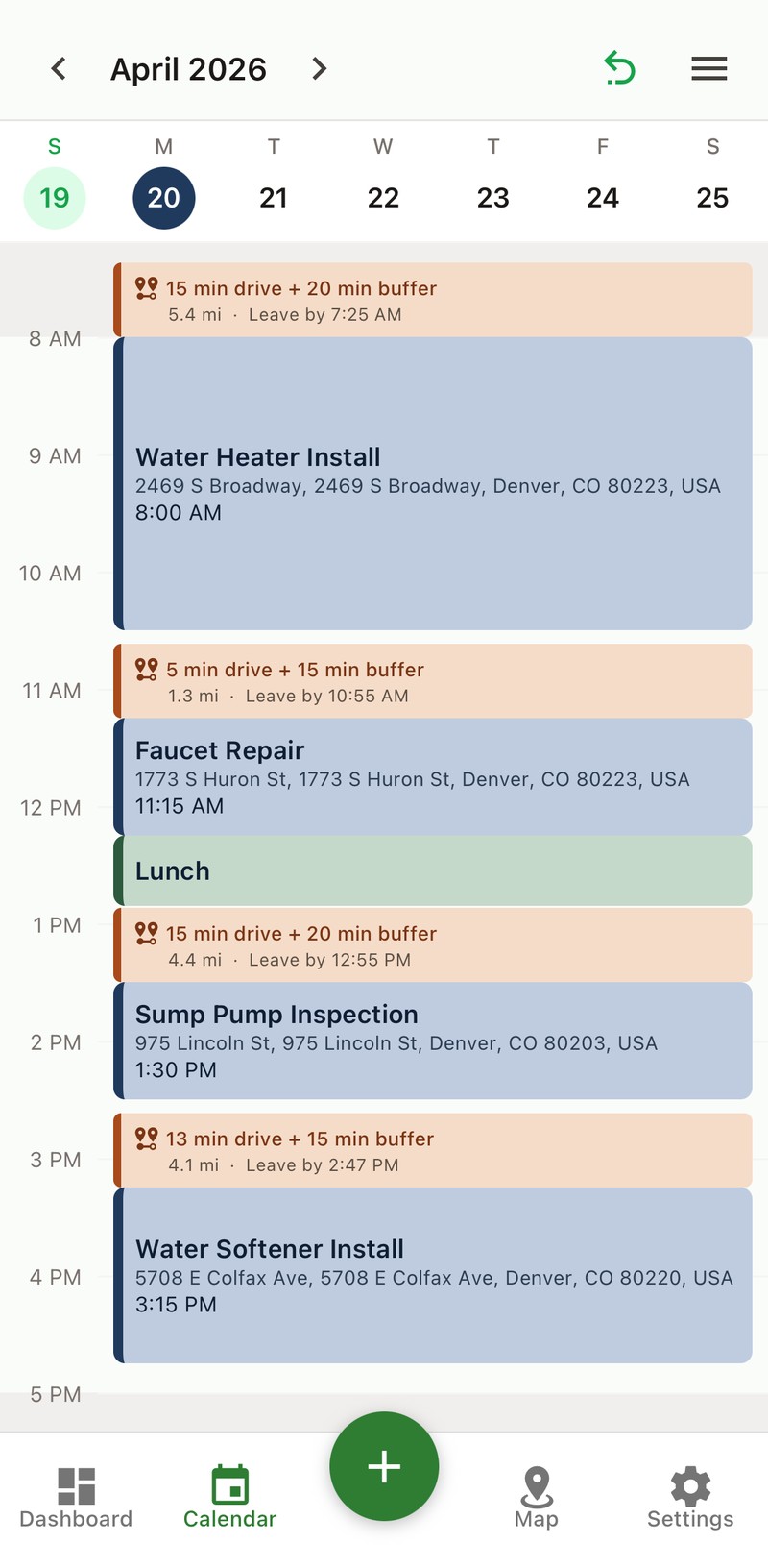 CalenJob calendar view for April 20, 2026, showing a full day of contractor jobs — water heater install, faucet repair, sump pump inspection, water softener install — with drive time blocks between each stop showing mileage, buffer time, and leave-by notifications, plus a lunch block