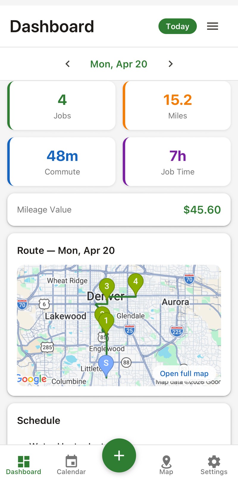 CalenJob dashboard showing jobs, miles, commute time, and route map for a day in Denver